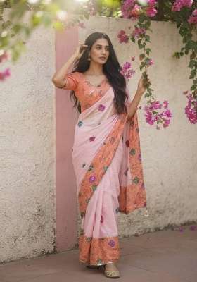 Orange Embroidered Silk Saree Set