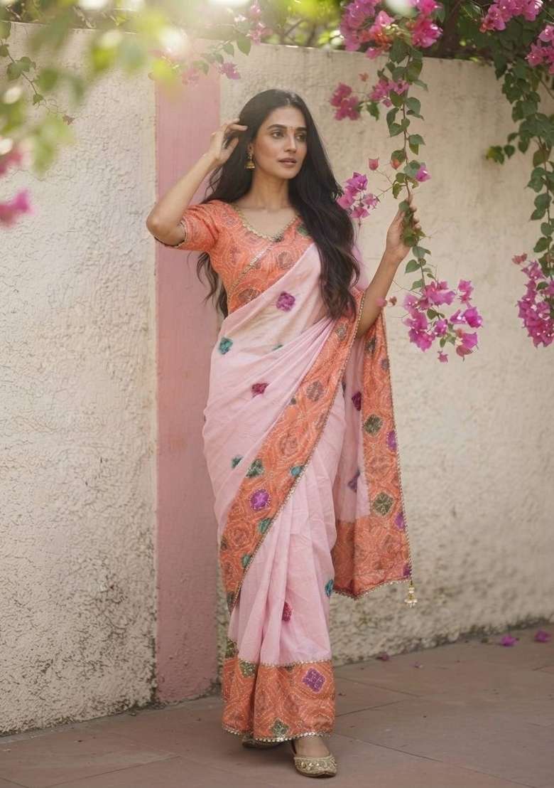 Orange Embroidered Silk Saree Set - Indya