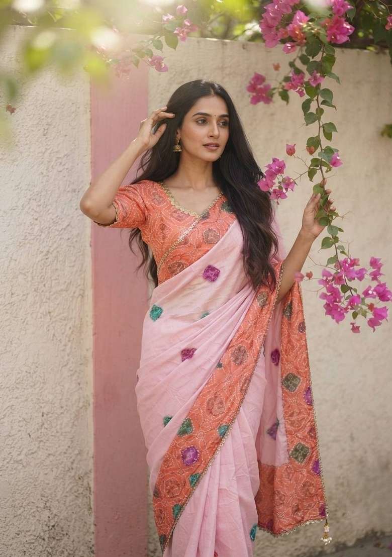 Orange Embroidered Silk Saree Set - Indya