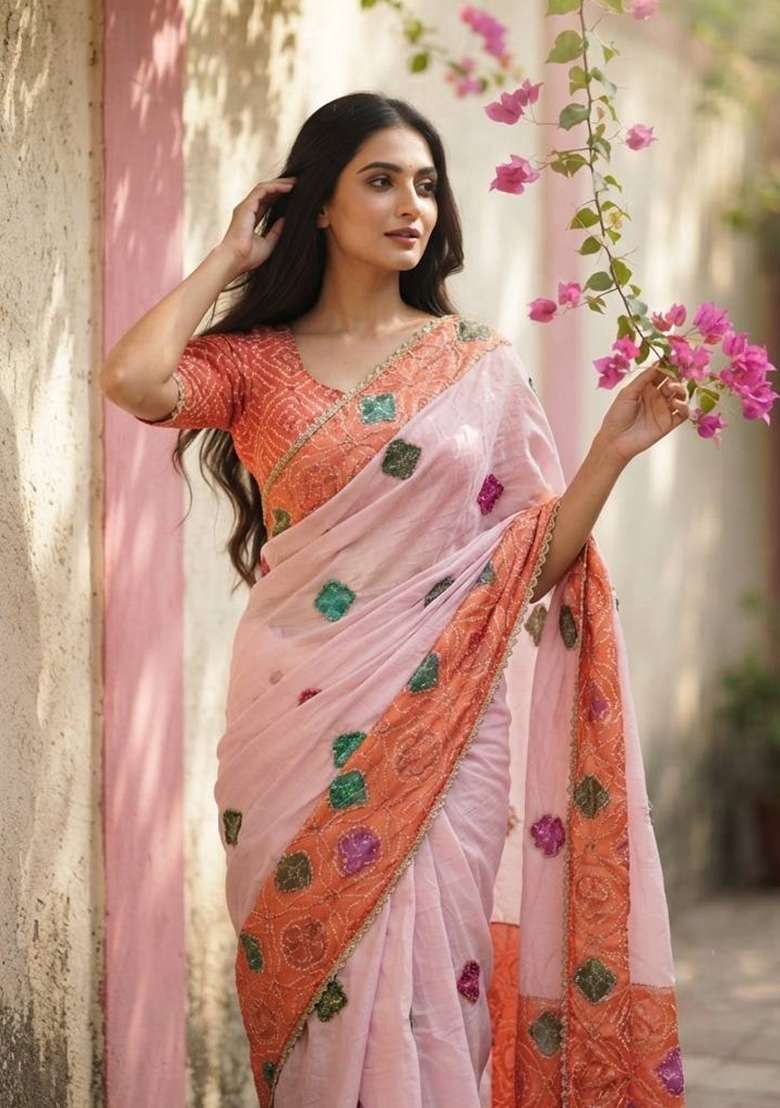Orange Embroidered Silk Saree Set - Indya