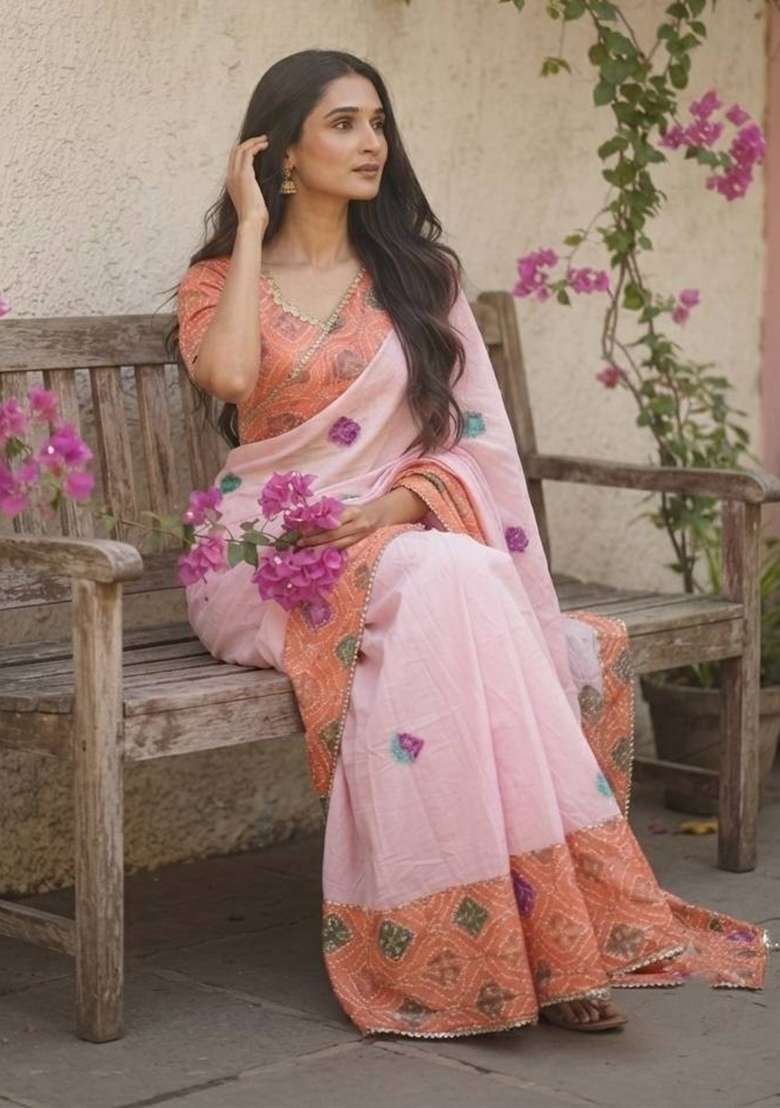Orange Embroidered Silk Saree Set - Indya