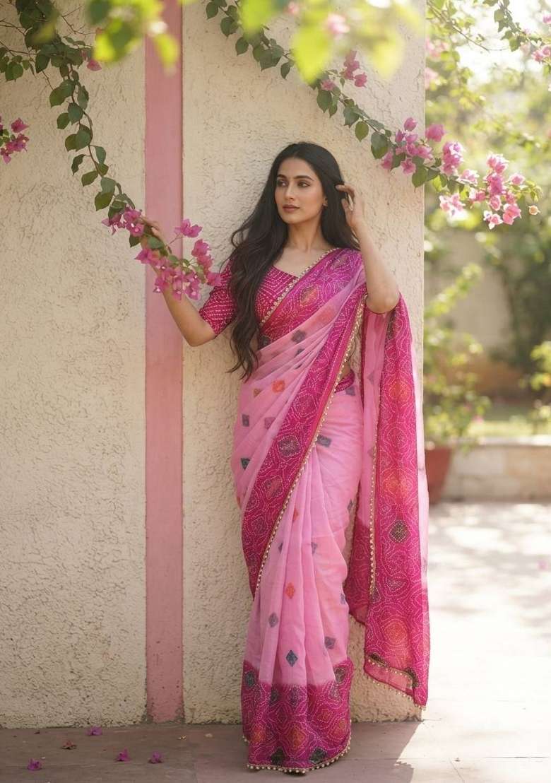 Pink Embroidered Silk Saree Set - Indya