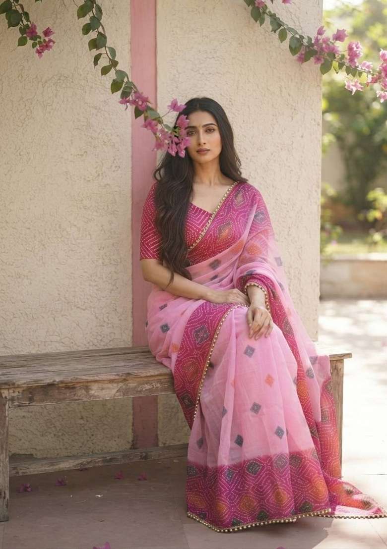 Pink Embroidered Silk Saree Set - Indya