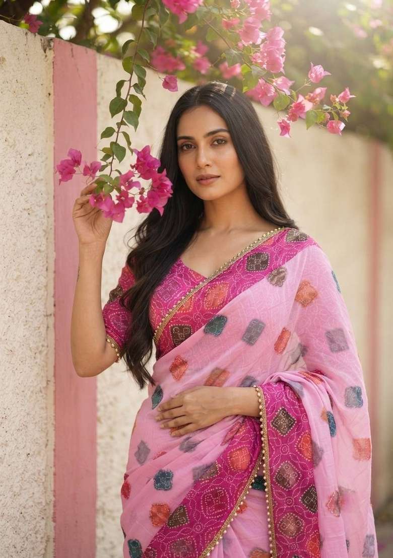 Pink Embroidered Silk Saree Set - Indya