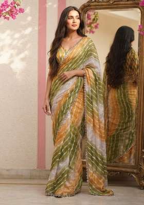 Mustard Embroidered Silk Saree Set