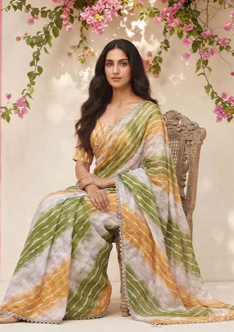 Mustard Embroidered Silk Saree Set - Indya