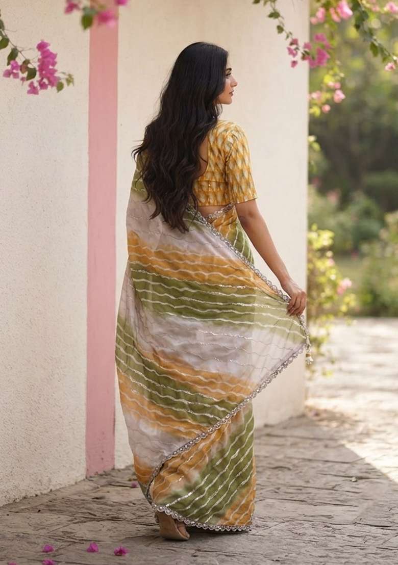 Mustard Embroidered Silk Saree Set - Indya