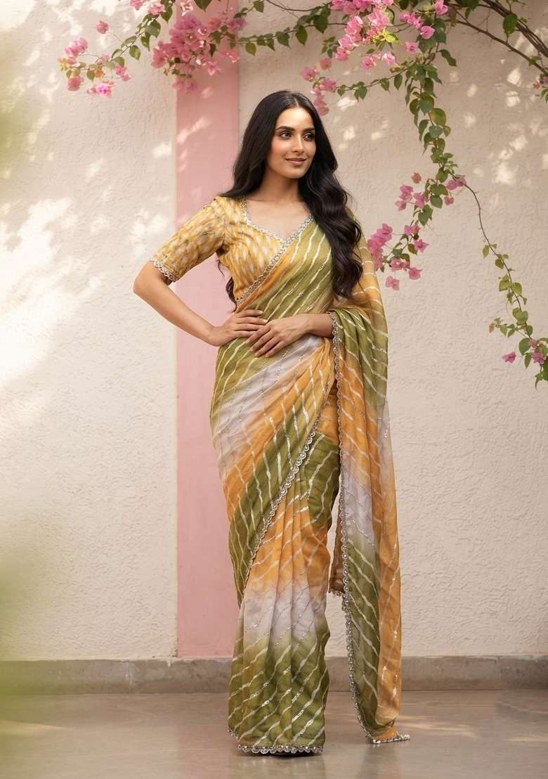 Mustard Embroidered Silk Saree Set - Indya