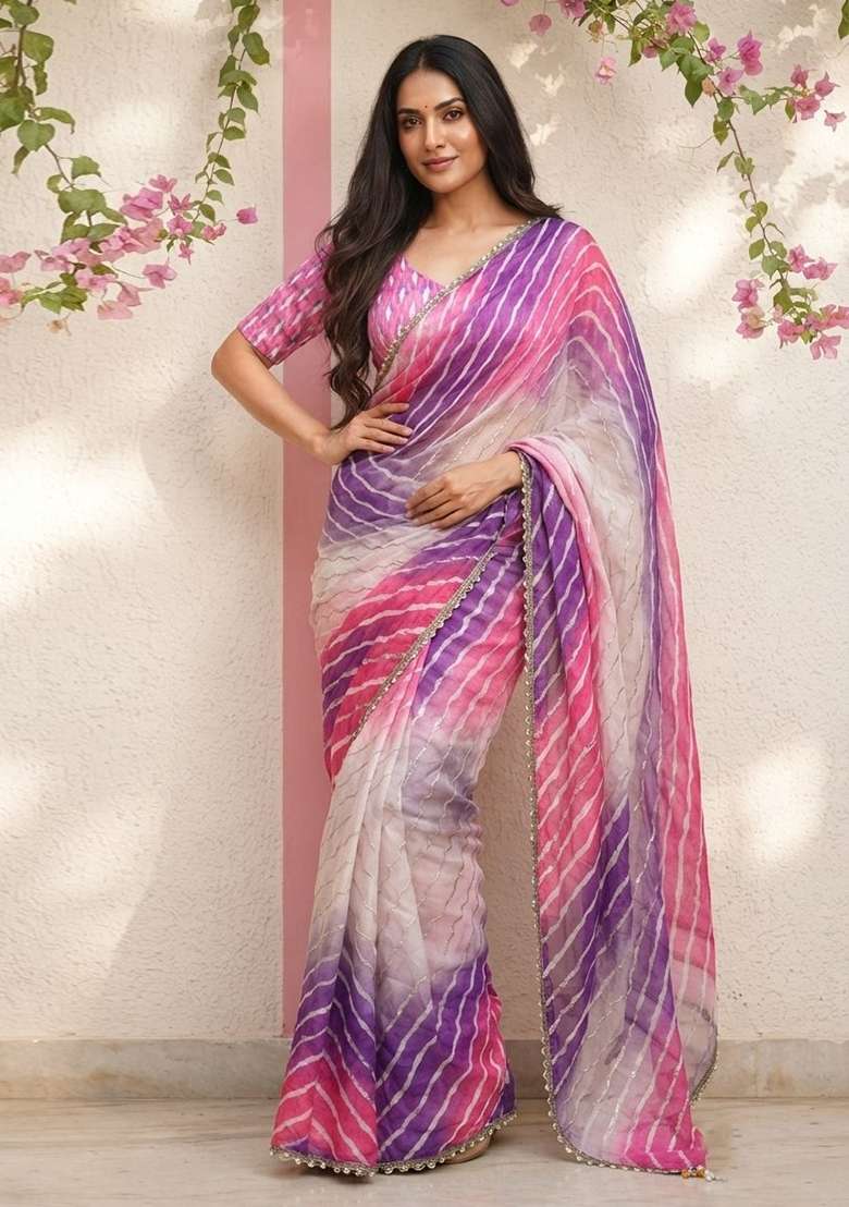 Pink Embroidered Silk Saree Set - Indya