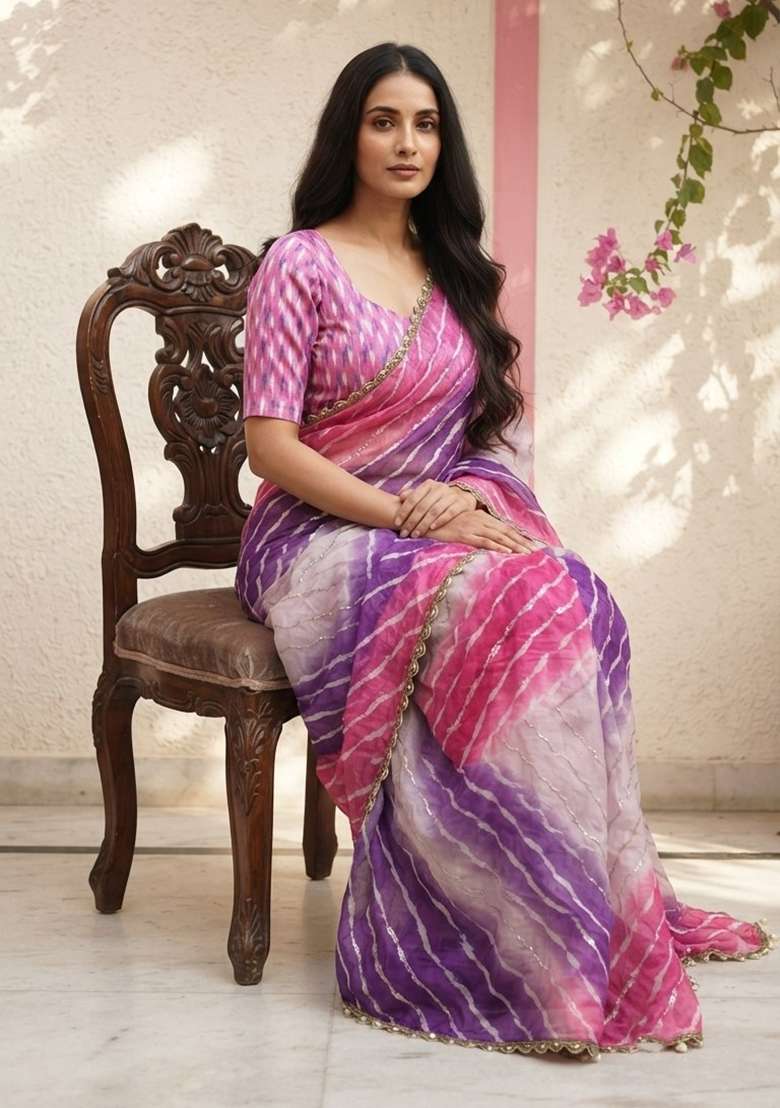 Pink Embroidered Silk Saree Set - Indya