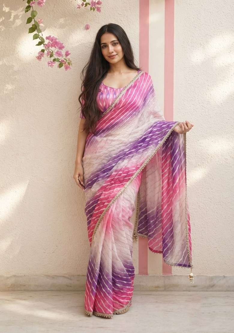 Pink Embroidered Silk Saree Set - Indya