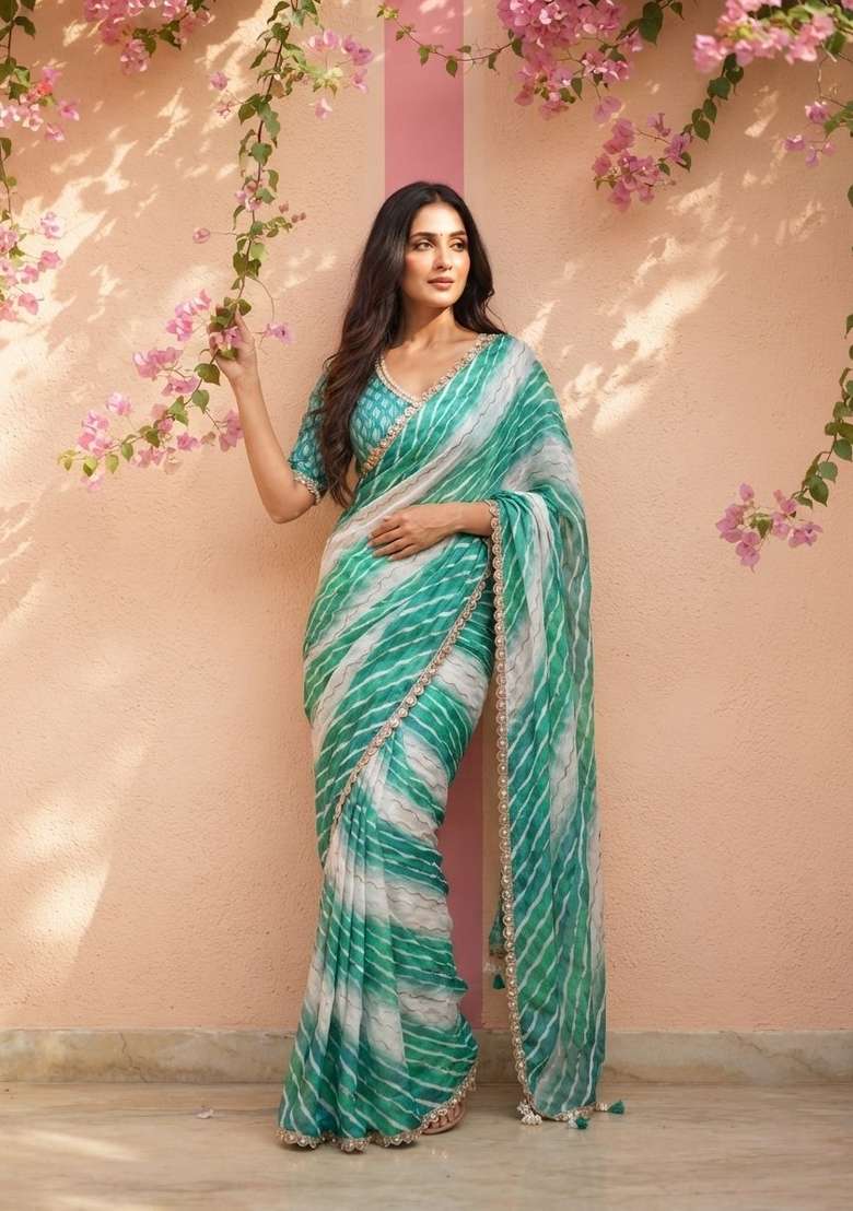 Sky Blue Embroidered Silk Saree Set - Indya