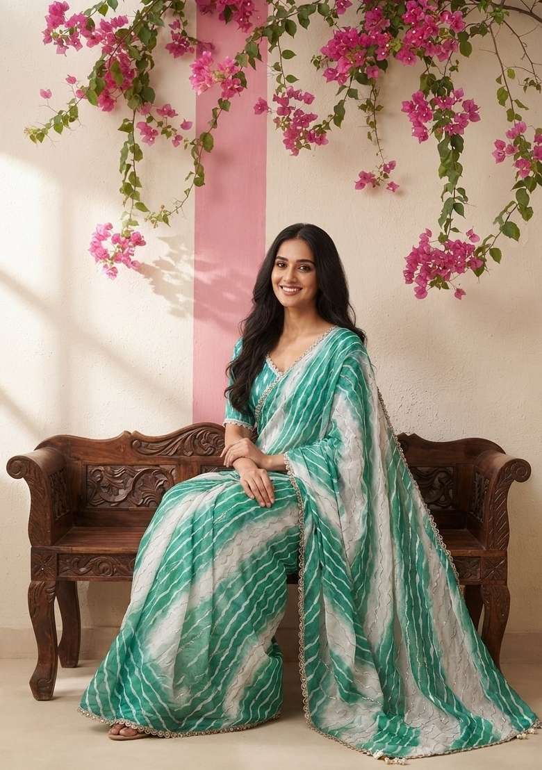 Sky Blue Embroidered Silk Saree Set - Indya