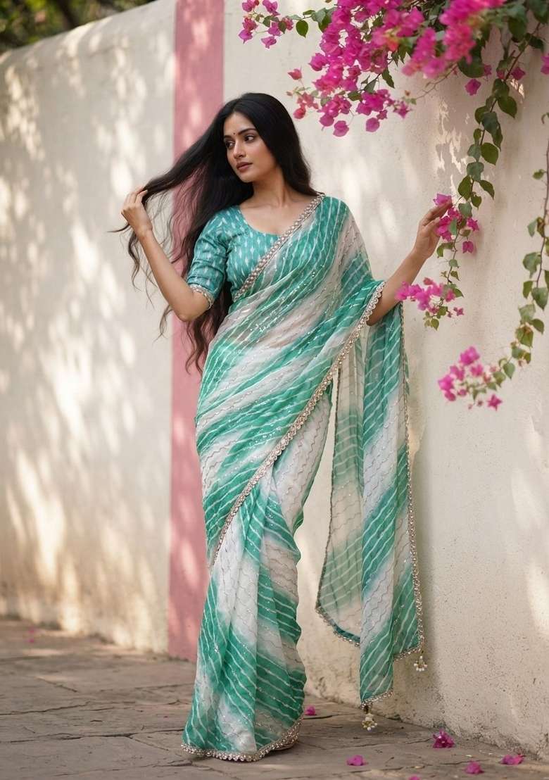 Sky Blue Embroidered Silk Saree Set - Indya