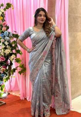 Grey Embroidered Tissue Saree Set