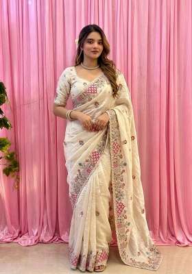 White Embroidered Tissue Saree Set