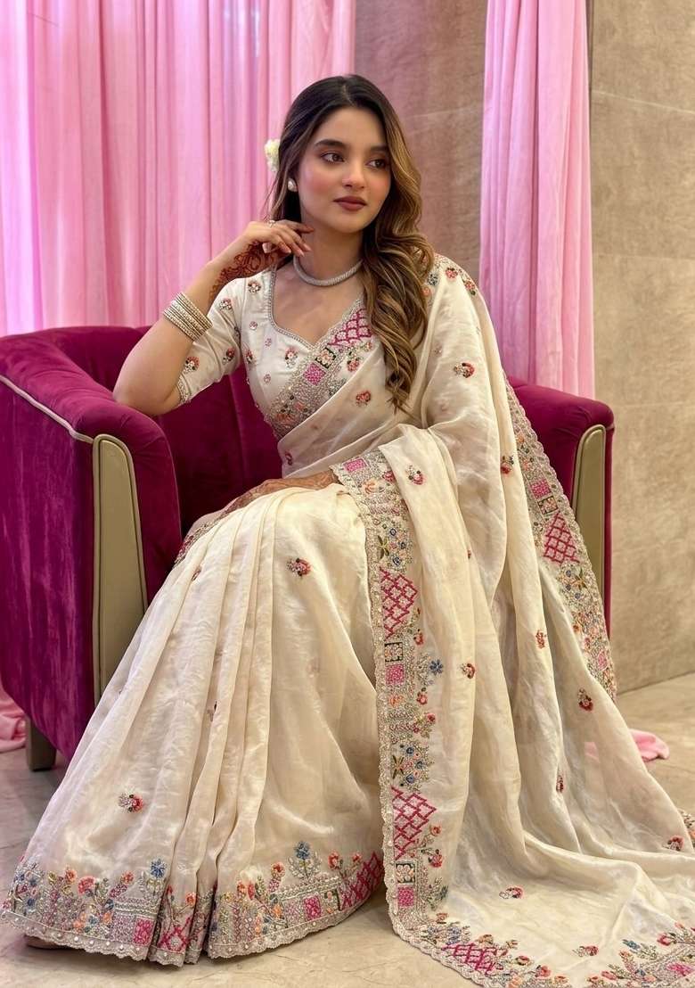 White Embroidered Tissue Saree Set - Indya