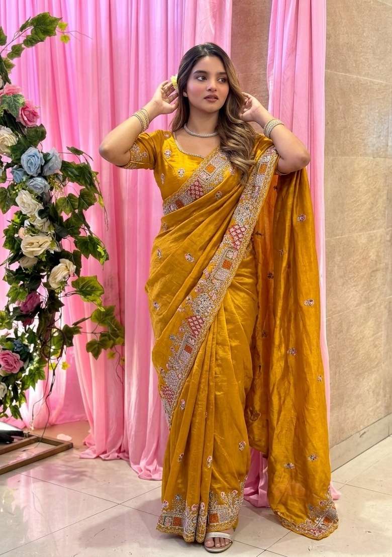 Yellow Embroidered Tissue Saree Set - Indya