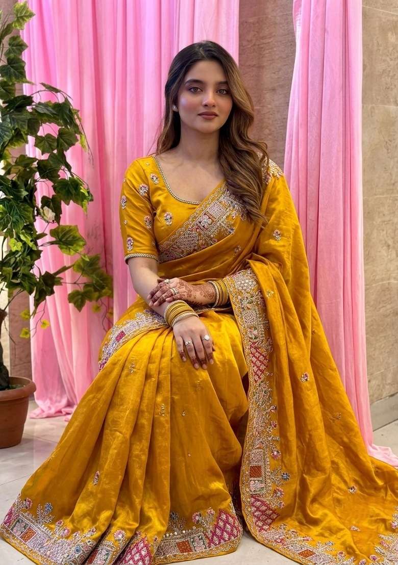 Yellow Embroidered Tissue Saree Set - Indya