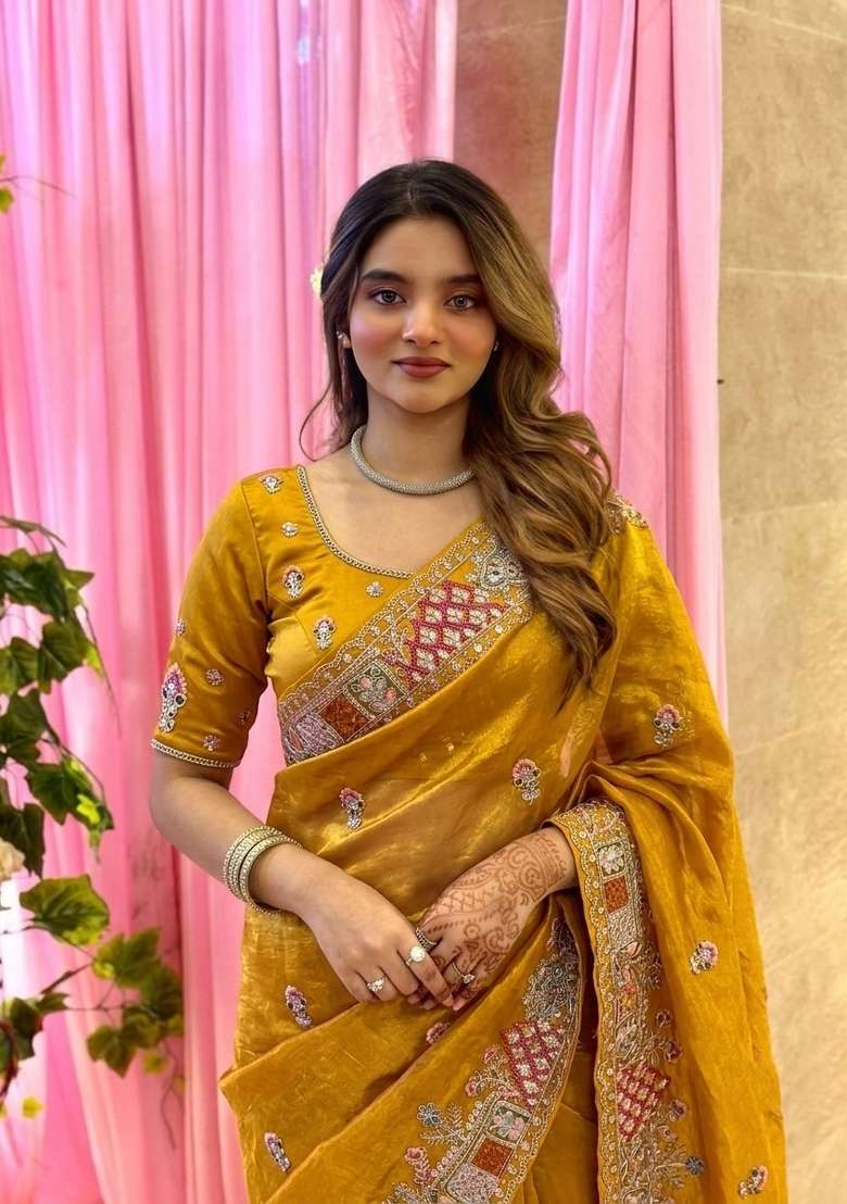 Yellow Embroidered Tissue Saree Set - Indya