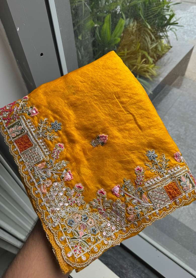 Yellow Embroidered Tissue Saree Set - Indya