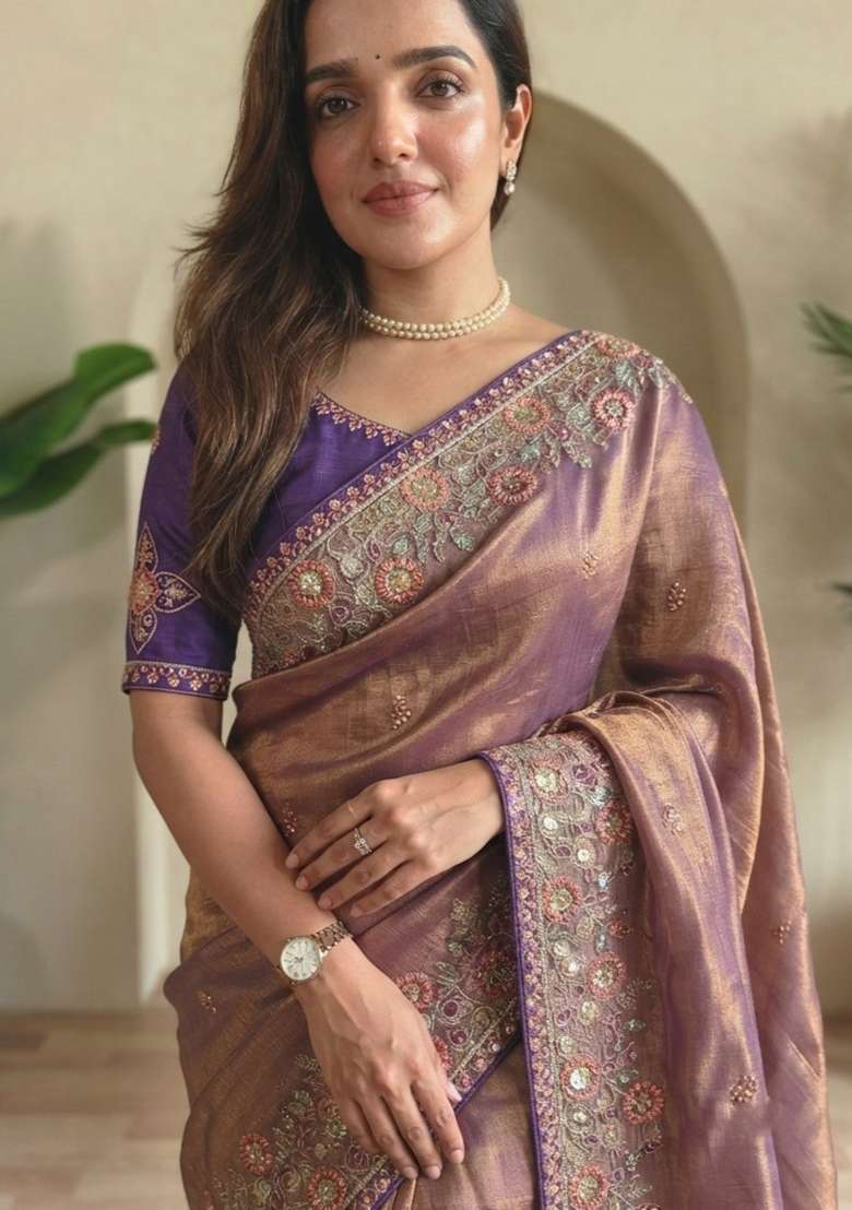 Purple Embroidered Fendi Saree Set - Indya