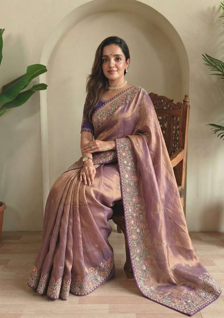 Purple Embroidered Fendi Saree Set - Indya
