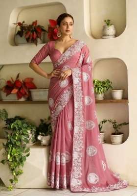 Peach Embroidered Georgette Saree Set