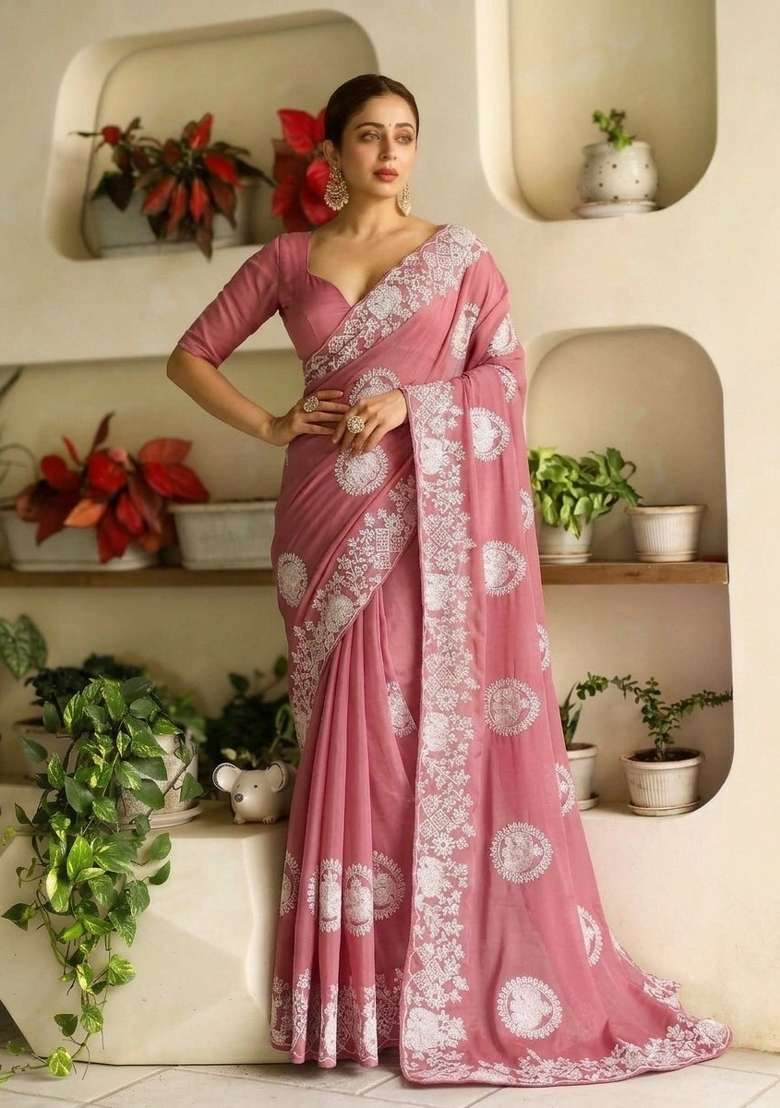 Peach Embroidered Georgette Saree Set - Indya