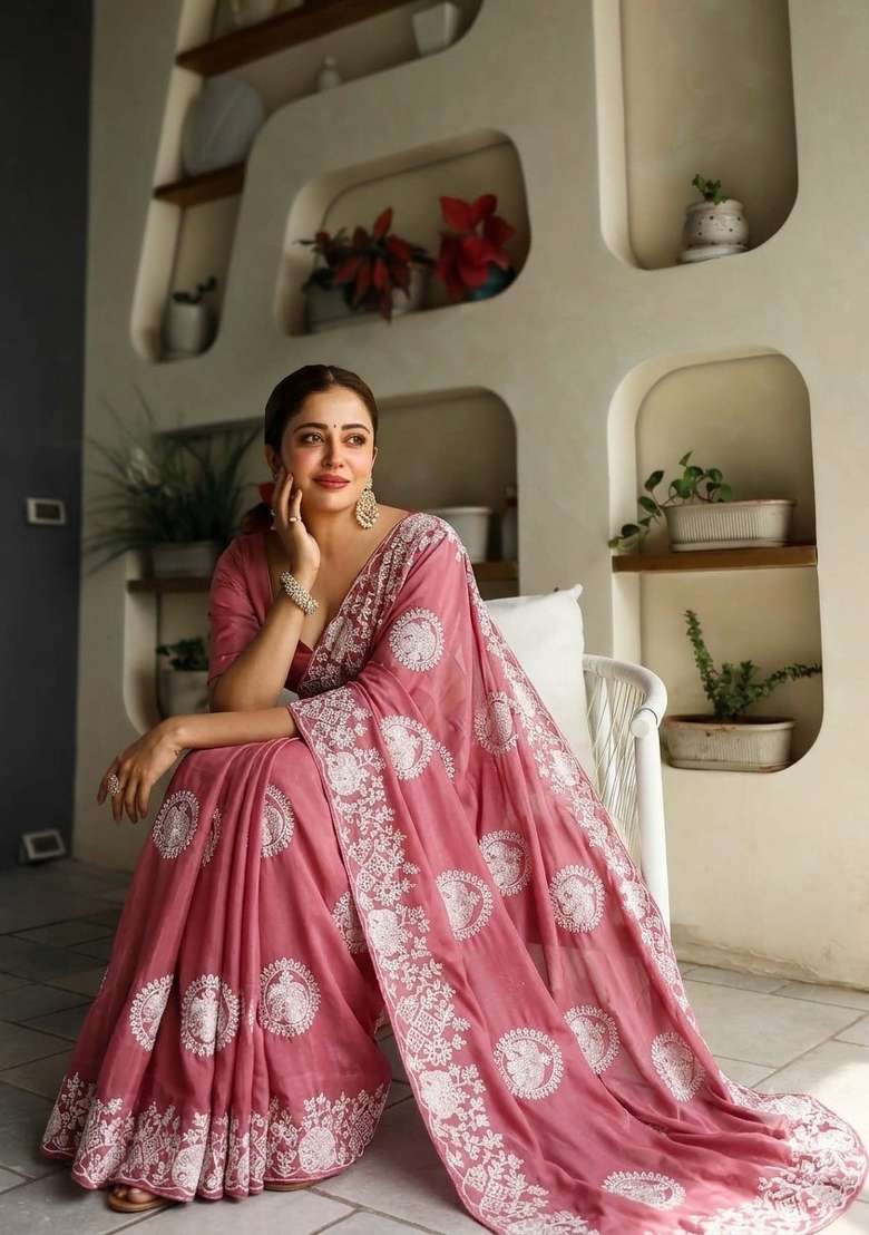 Peach Embroidered Georgette Saree Set - Indya