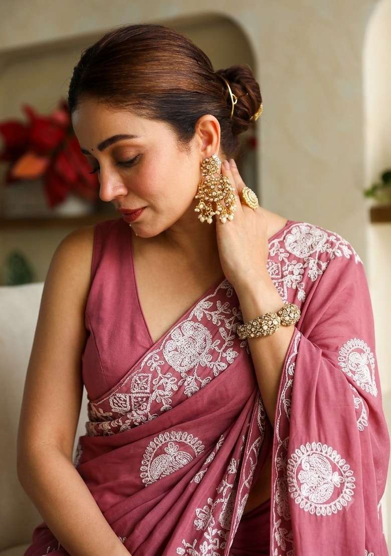Peach Embroidered Georgette Saree Set - Indya
