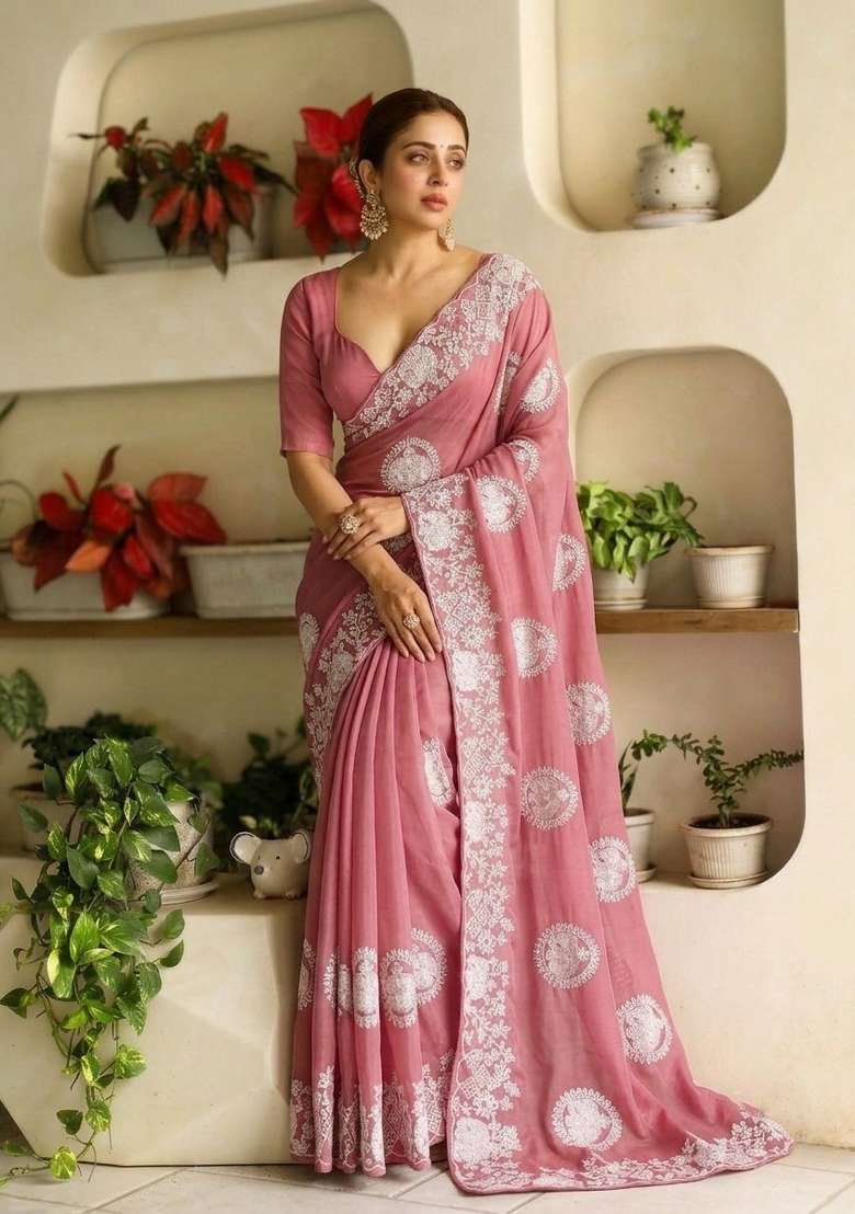 Peach Embroidered Georgette Saree Set - Indya