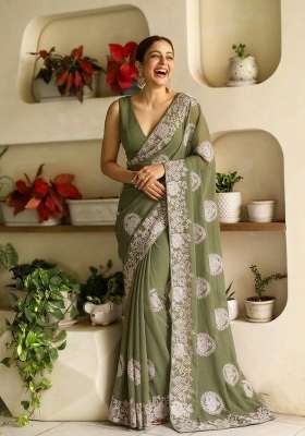 Pista Embroidered Georgette Saree Set