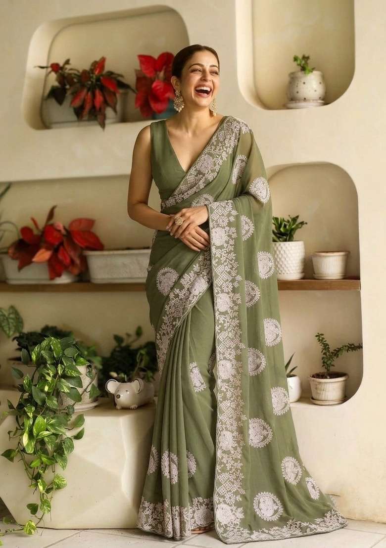 Pista Embroidered Georgette Saree Set - Indya