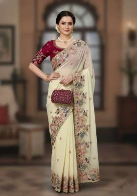 Cream Embroidered Georgette Saree Set