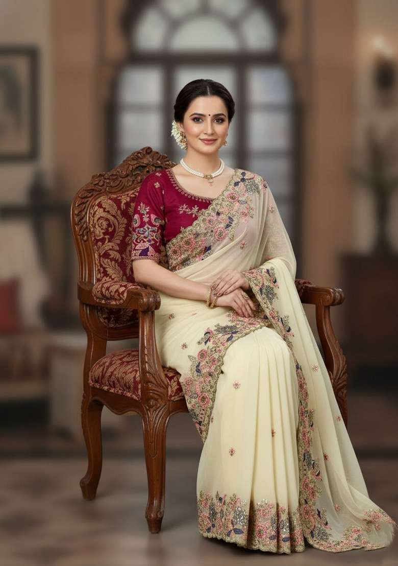 Cream Embroidered Georgette Saree Set - Indya