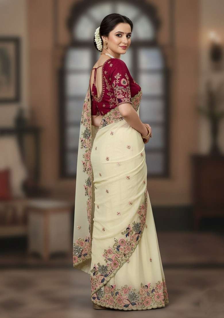Cream Embroidered Georgette Saree Set - Indya
