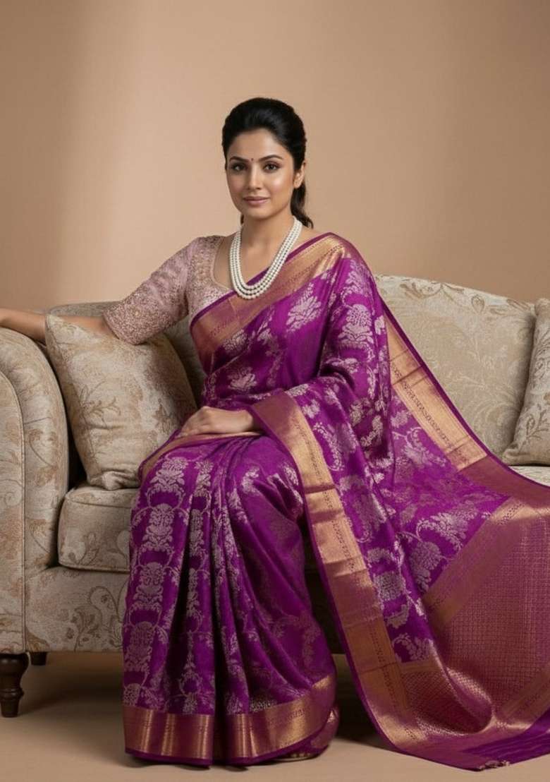 Purple Embroidered Silk Saree Set - Indya