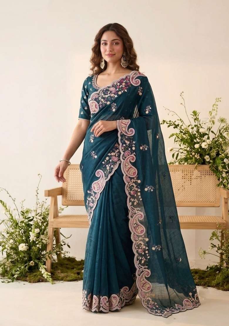 Rama Embroidered Silk Saree Set - Indya