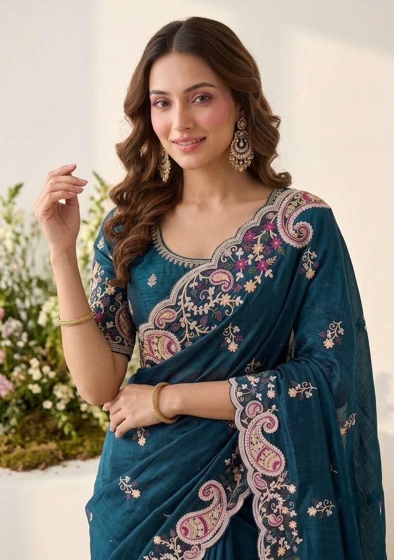 Rama Embroidered Silk Saree Set - Indya