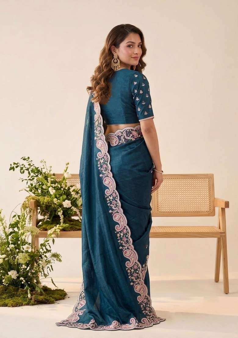 Rama Embroidered Silk Saree Set - Indya