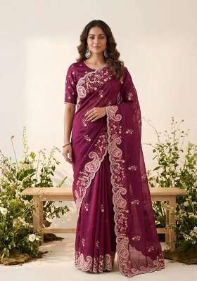 Wine Embroidered Silk Saree Set