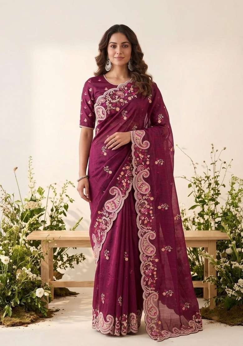Wine Embroidered Silk Saree Set - Indya