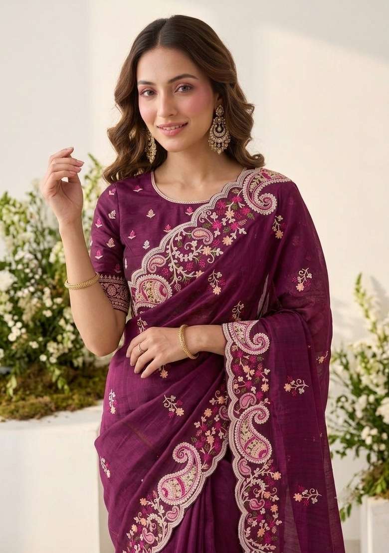 Wine Embroidered Silk Saree Set - Indya