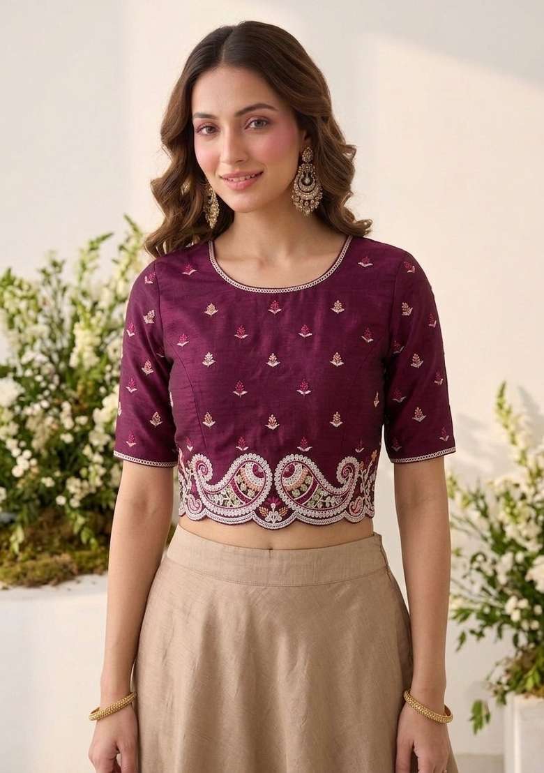 Wine Embroidered Silk Saree Set - Indya