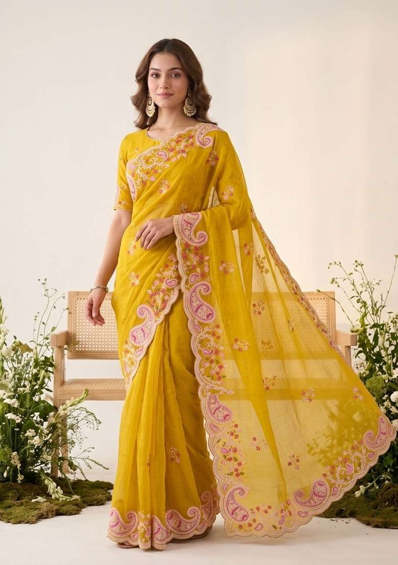 Yellow Embroidered Silk Saree Set - Indya