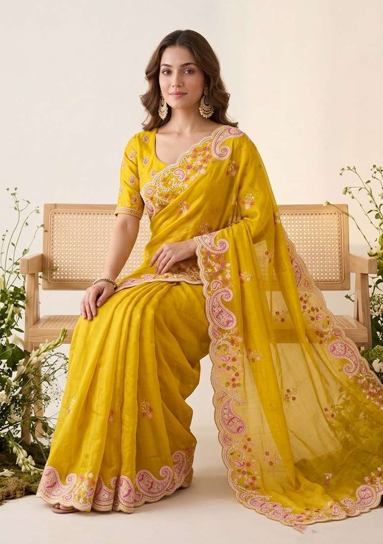 Yellow Embroidered Silk Saree Set - Indya