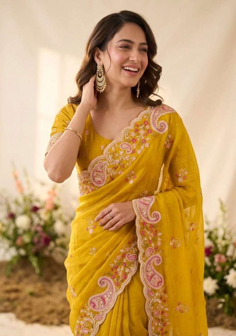 Yellow Embroidered Silk Saree Set - Indya