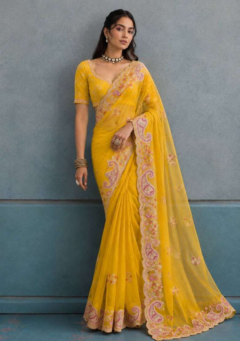 Yellow Embroidered Silk Saree Set - Indya