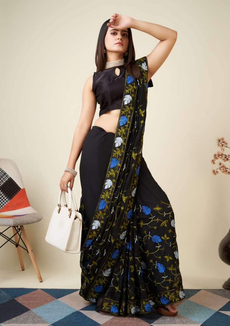 Black Embroidered Georgette Saree Set - Indya